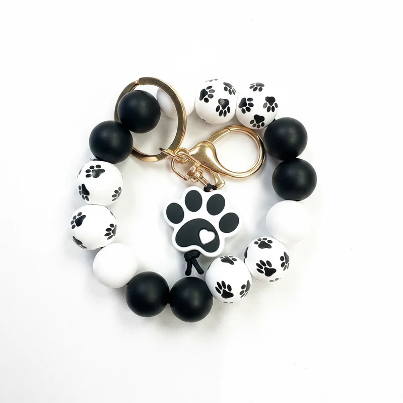 Paw Print Silicone and Wooden Bead Wristlet Keychain