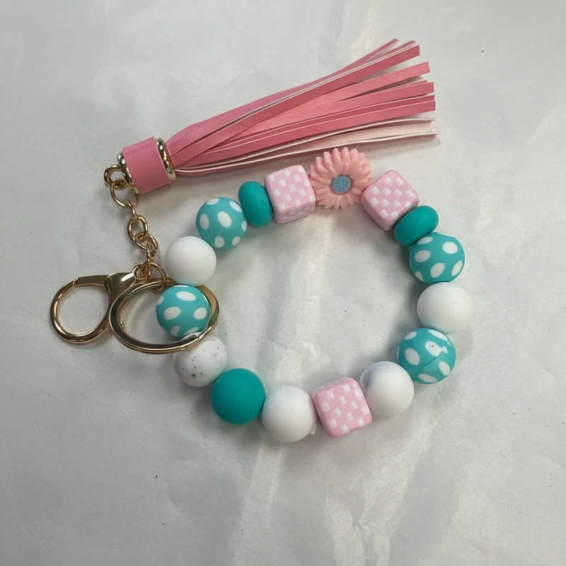 His Spirit Creations Pink and Blue Beaded Flower Wristlet V 1042
