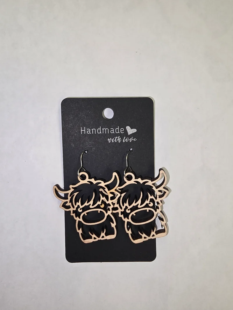 His Spirit Creations Wood Cut Highland Cow Earrings V. 1042