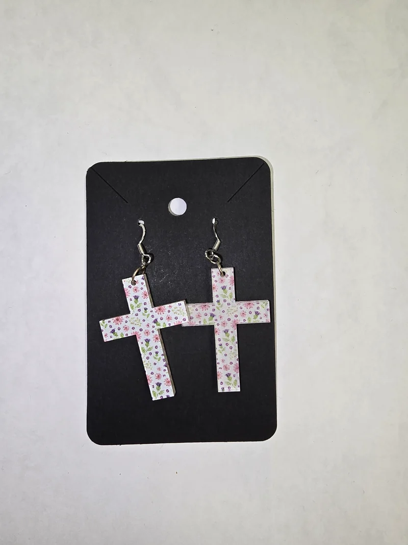 His Spirit Creations Acrylic floral print Cross Earrings V. 1042