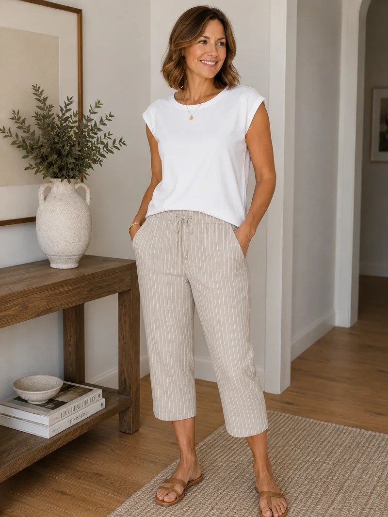Camille & Co. Striped Capri Pant with pockets: Sand