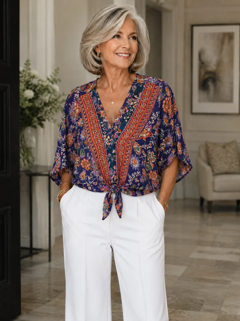 Nostalgia Boho Tie-Front 3/4 Sleeve Blouse: Multi