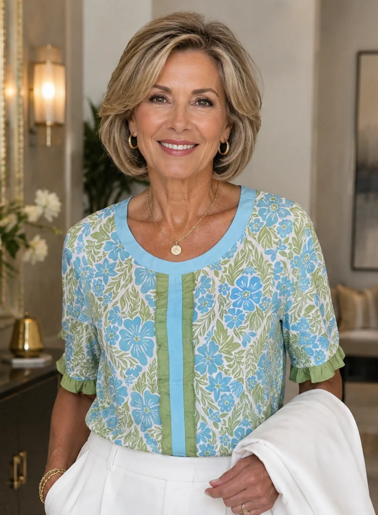 Sew Divine Aqua Green Ruffle Front & Sleeve Blouse