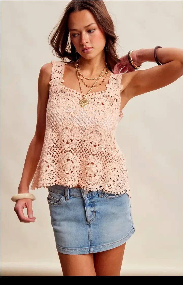 Listicle Crochet Lace Neck Tank Top in Blush