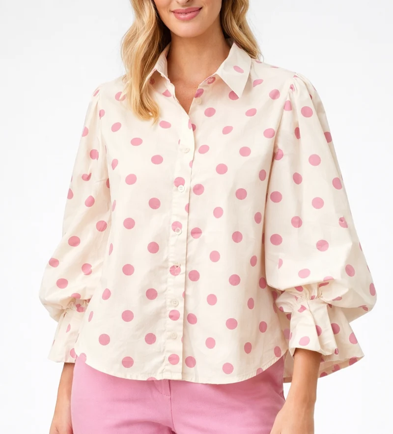 Vine & Love Playful Polka Dot Collared Puff Sleeve shirt