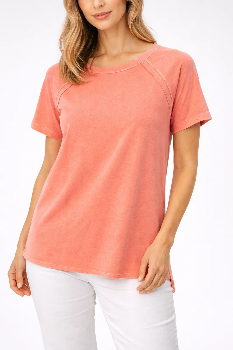 Zenana French Terry Washed Curved Hem Top