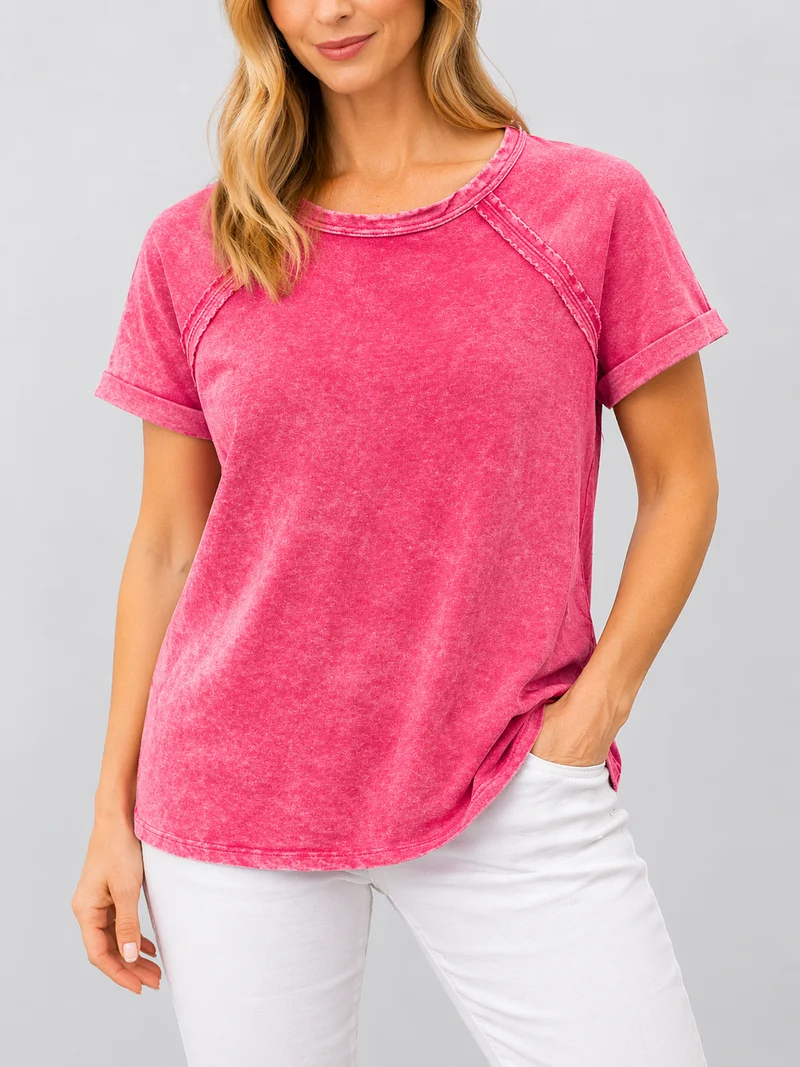 Zenana French Terry Washed Curved Hem Top
