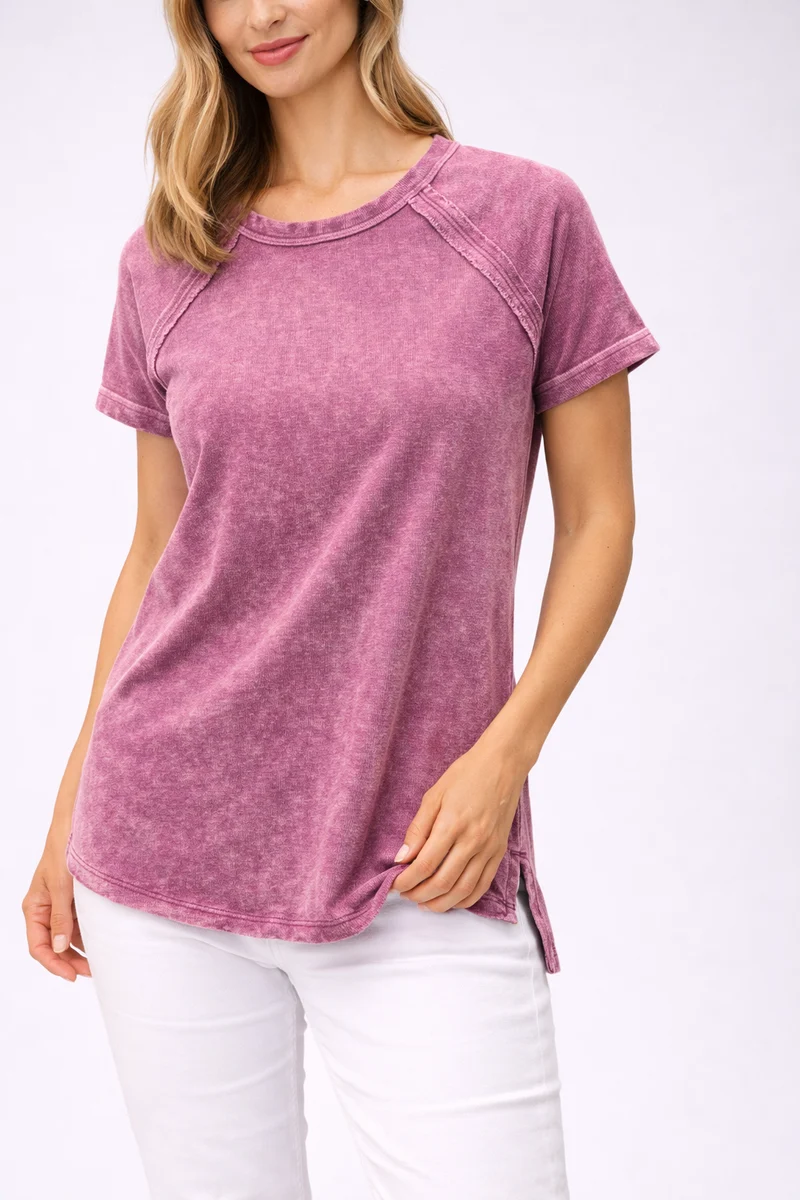 Zenana French Terry Washed Curved Hem Top