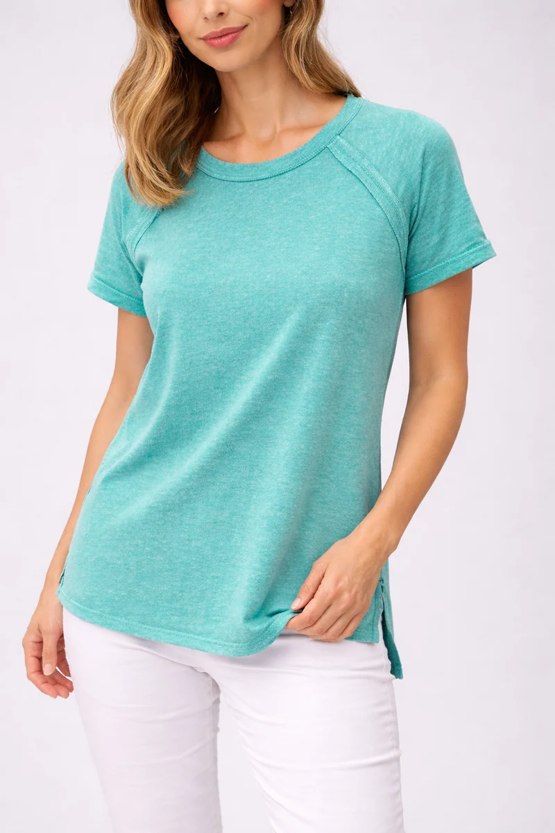 Zenana French Terry Washed Curved Hem Top