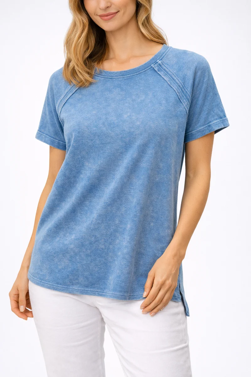 Zenana French Terry Washed Curved Hem Top