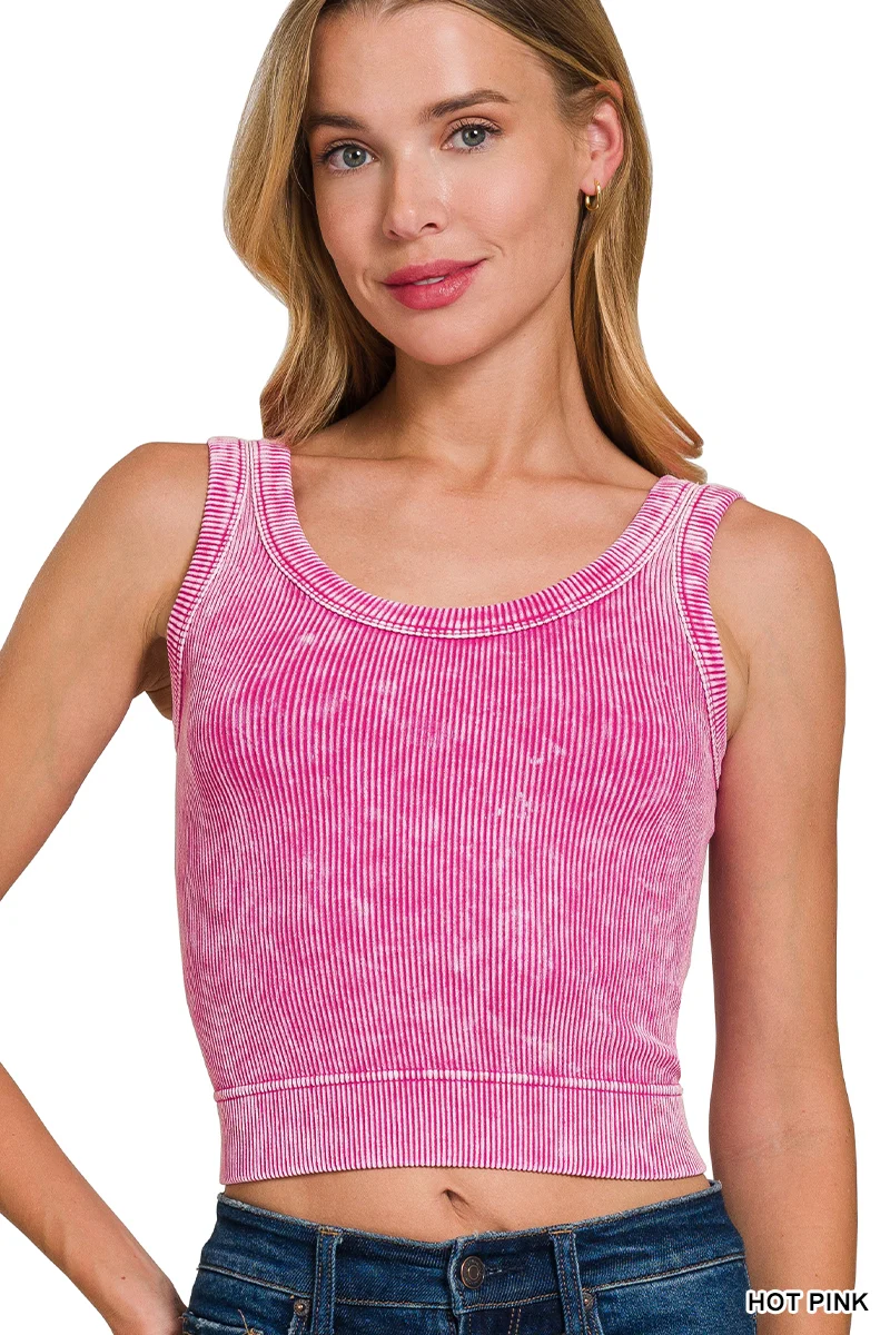 Zenana Washed Ribbed Cropped Seamless Scoop Neck Tank Top