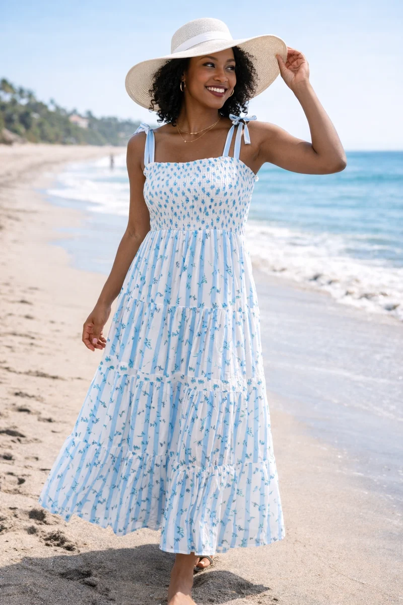 Sky Blue Floral Smocked Tied Strap long Dress
