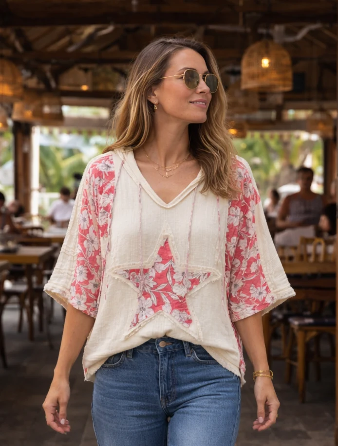 POL V-neck relaxed-fit knit, soft body-draping with Lace Star Design.