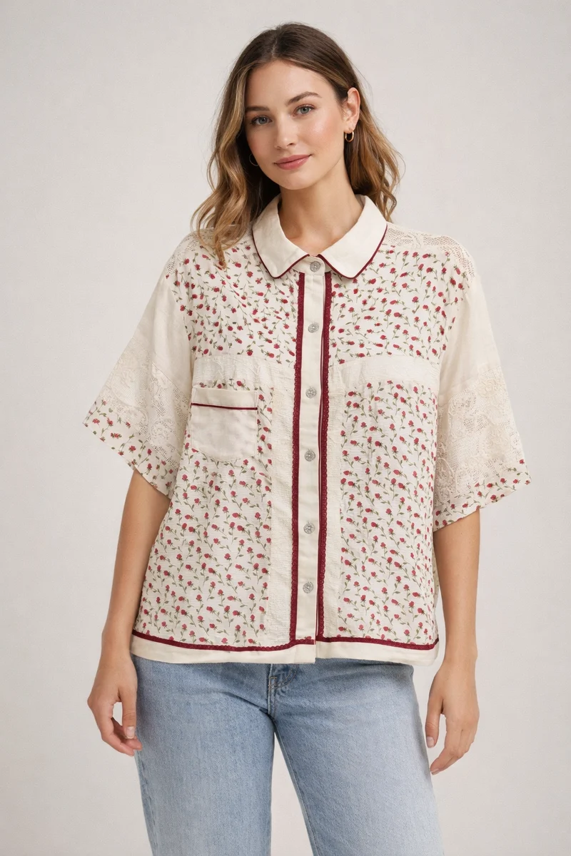 POL Relaxed Fit Button-down, Cream/Red floral Crochet Patch Shirt