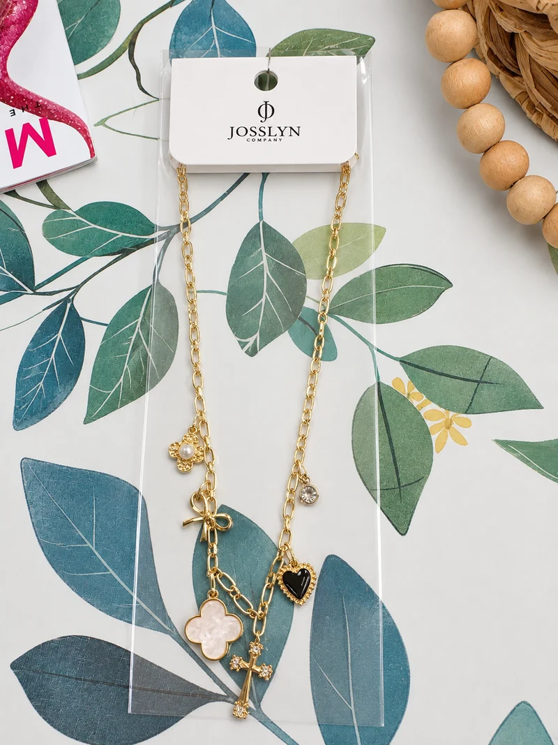 Charm Necklace-Clover Bow Cross Heart Flower Gold