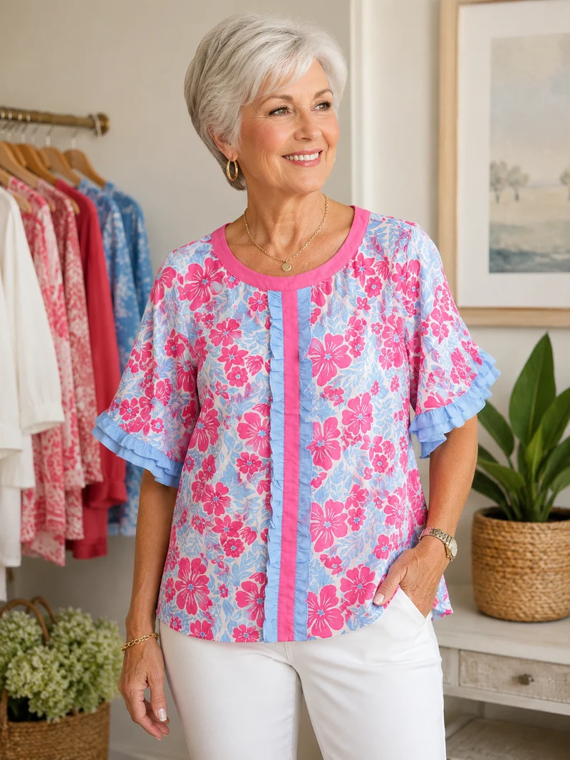 Sew Divine Pink & Blue Ruffle Front & Sleeve Blouse