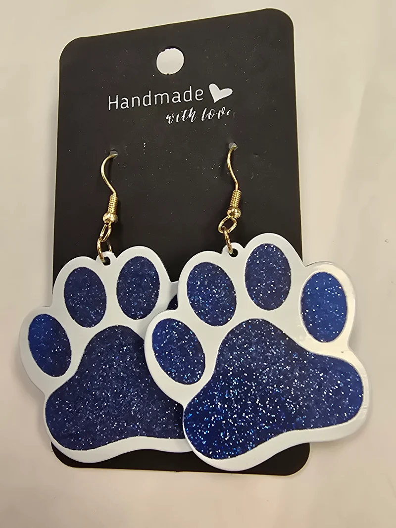 His Spirit Creations Blue Glitter Paw Prints Earrings. V. 1042