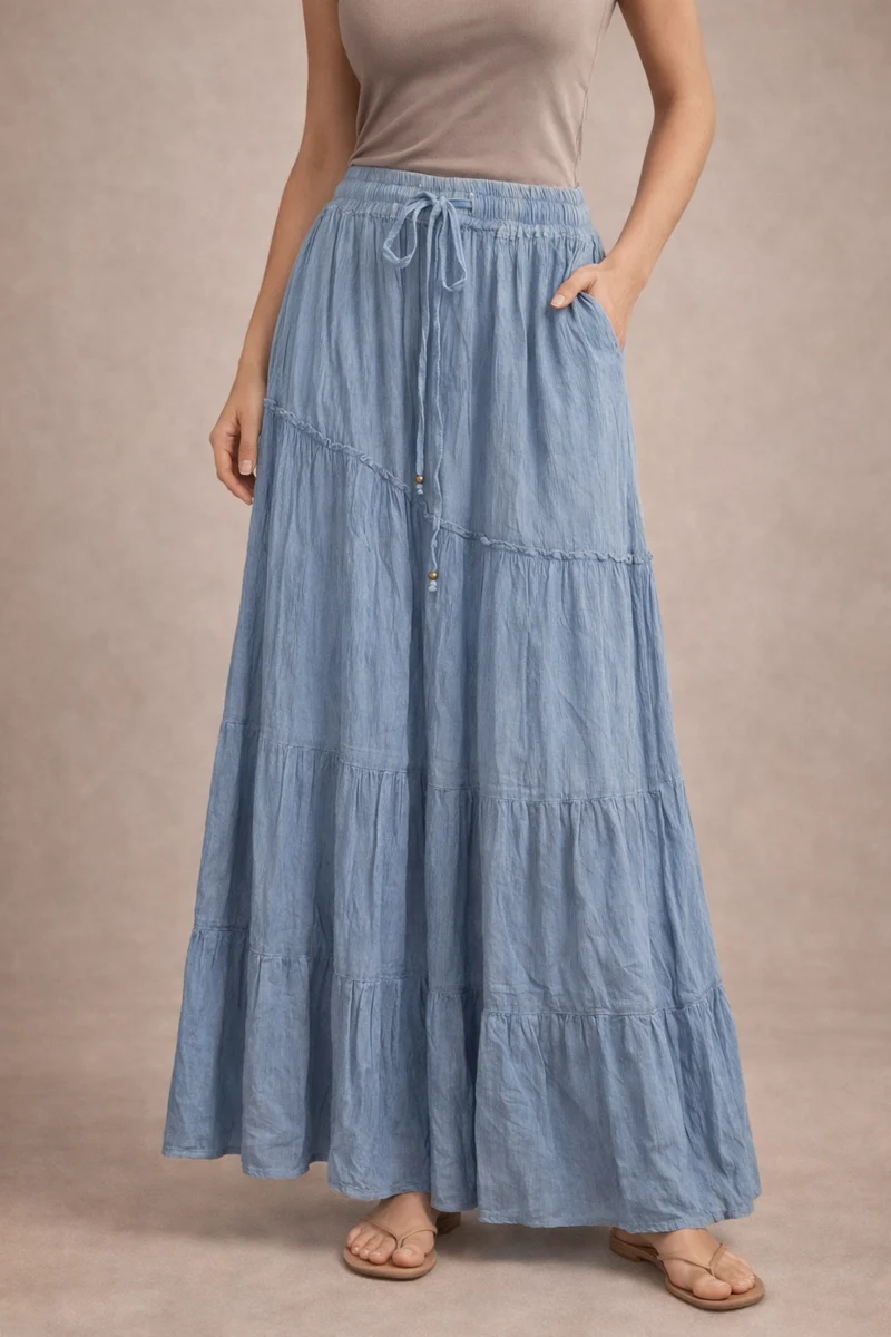 Angie Brand Vintage Blue Tiered Boho Tie-Waist Skirt