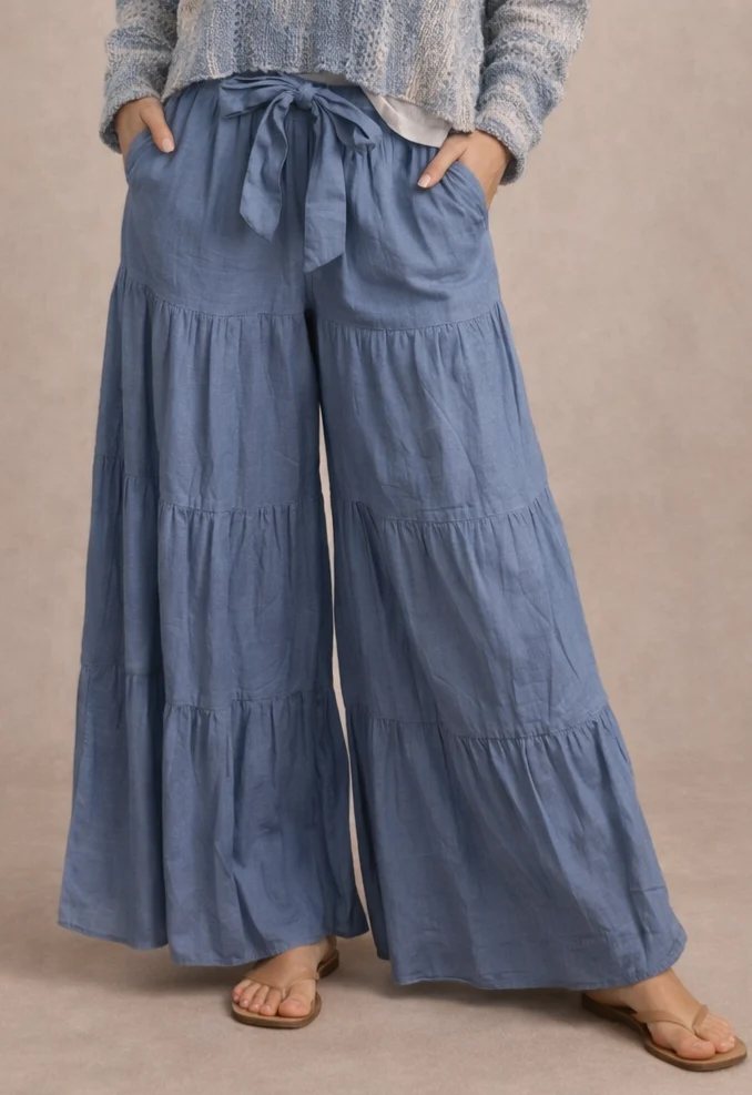 Angie Brand Tie-waist Tiered Wide Leg Pants in Blue