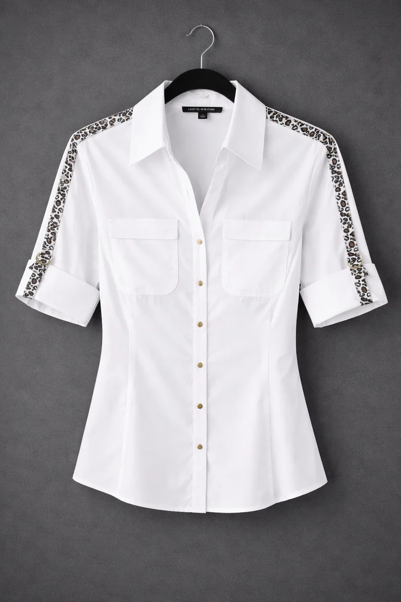 Pine Apparel Poplin Leopard Trim Button Front Top