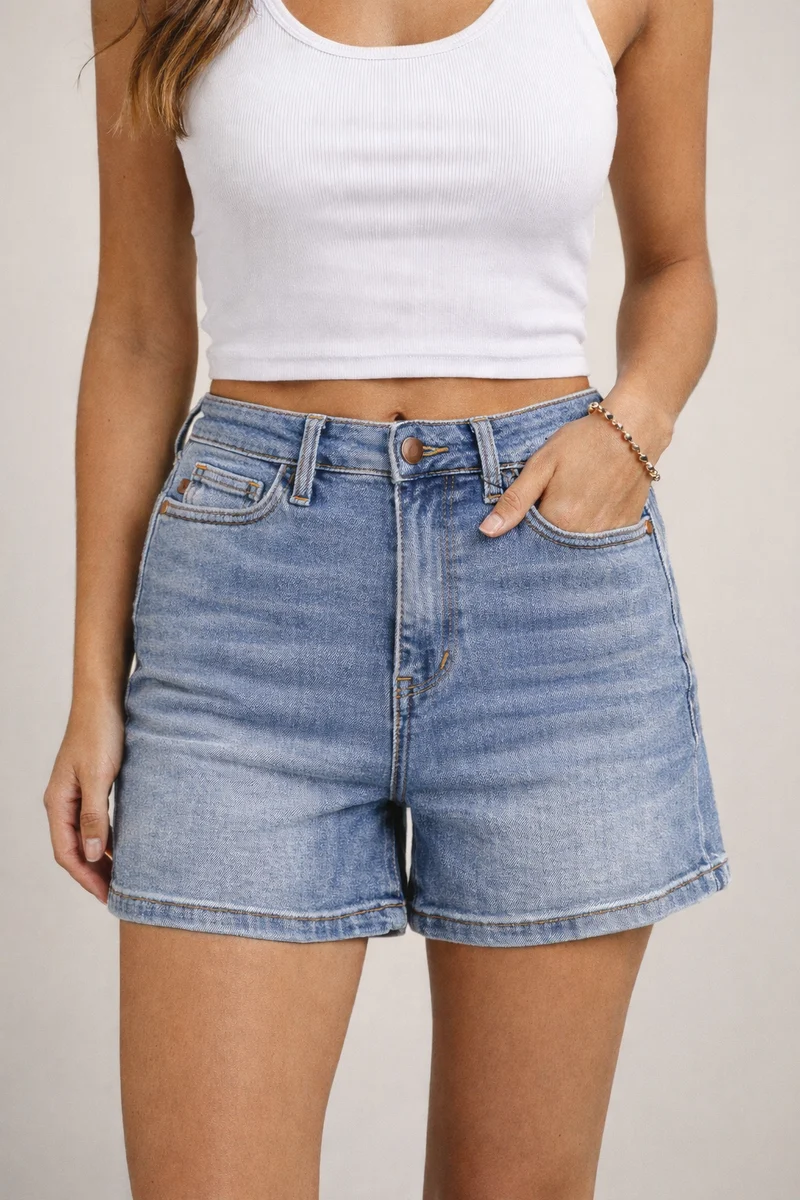 Judy Blue HW Button Mid Length Dad Shorts