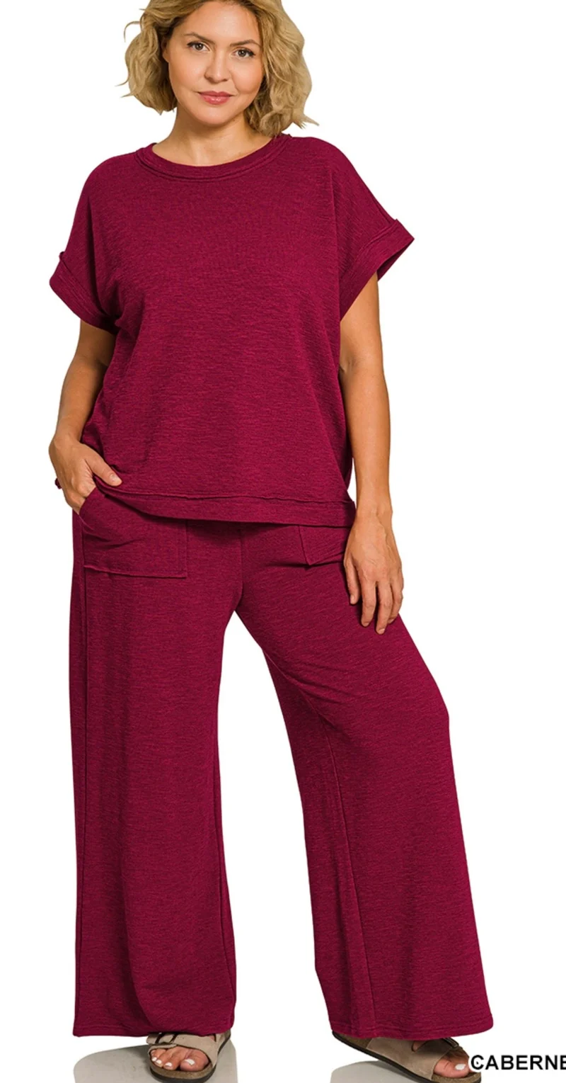 Zenana Plus Slub Short Sleeve Tee & Long Pants Set