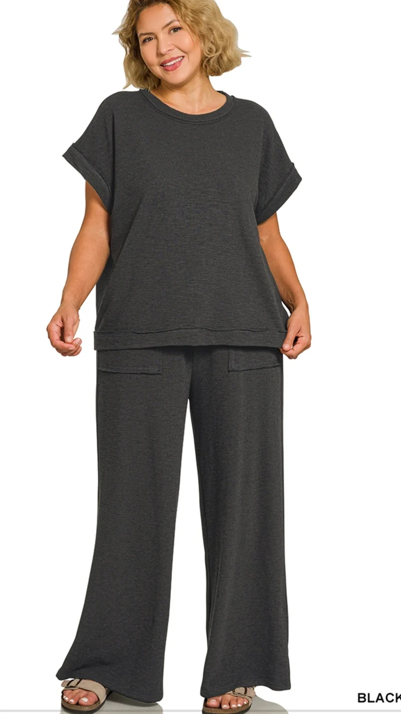 Zenana Plus Slub Short Sleeve Tee & Long Pants Set