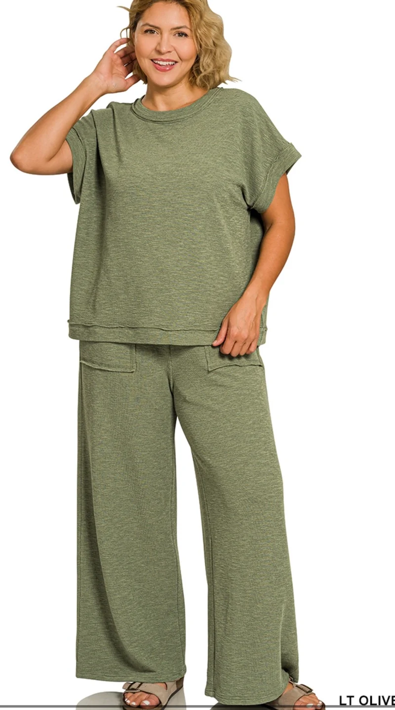 Zenana Plus Slub Short Sleeve Tee & Long Pants Set