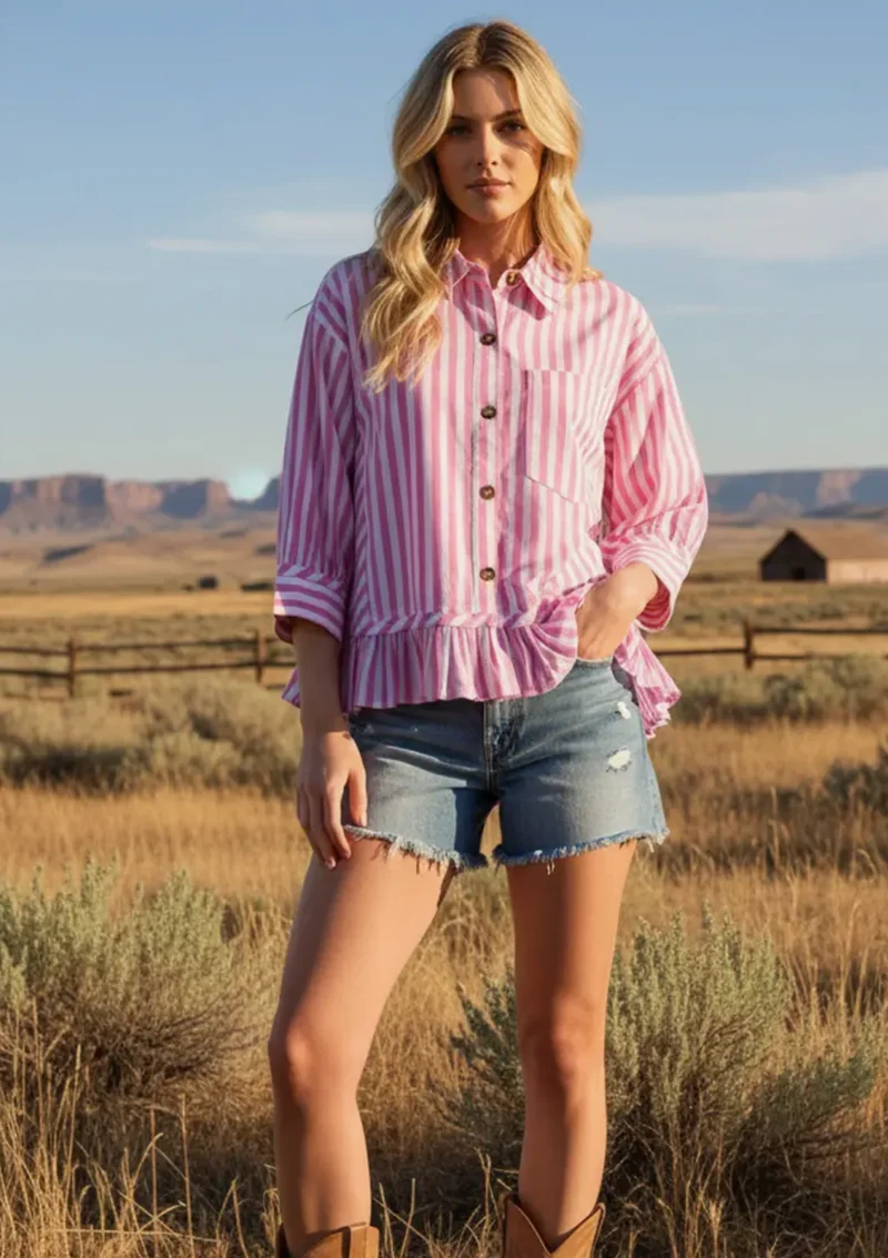 Sewn and Seen Striped Button Down Ruffle Top
