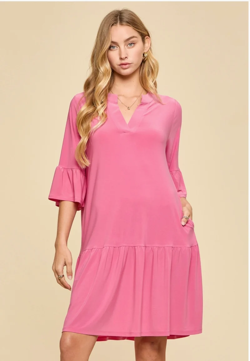 Dear Scarlett Shirred tiered relaxed 3/4 sleeve dress