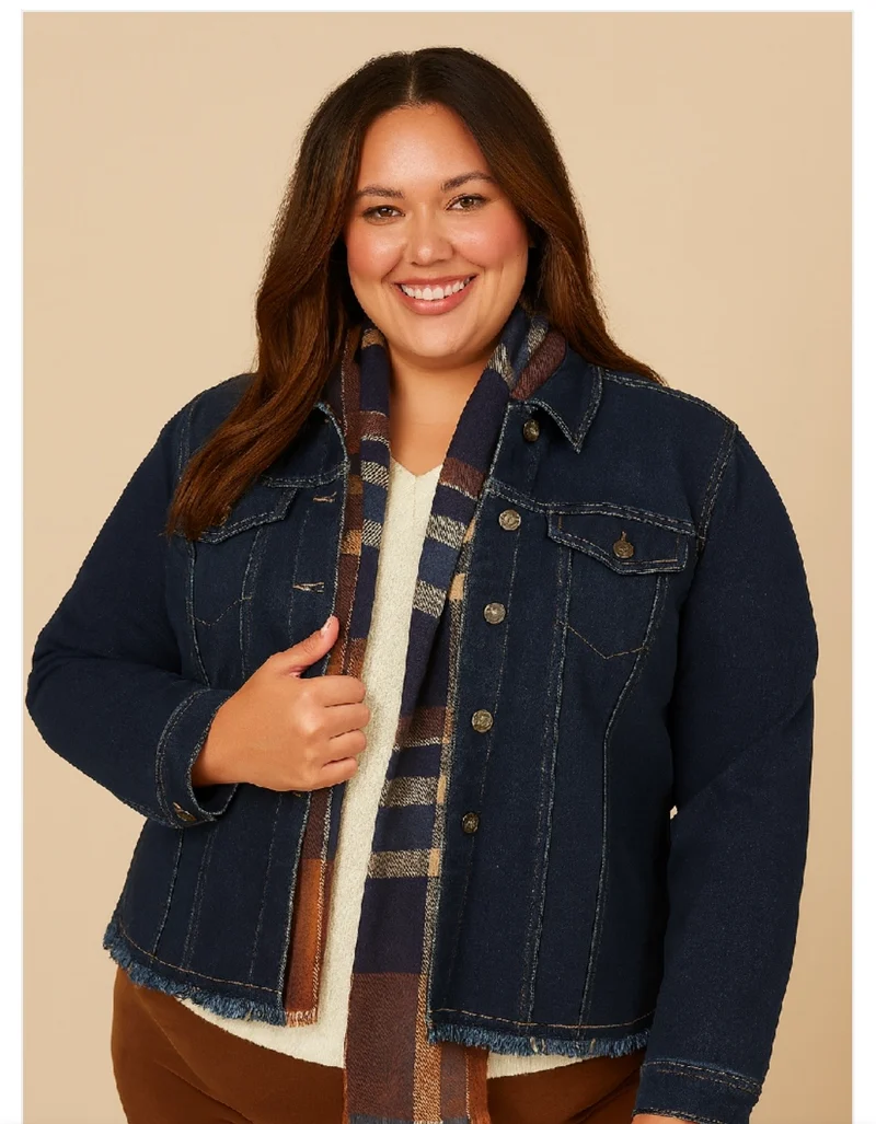 Frayed hem denim jacket curvy