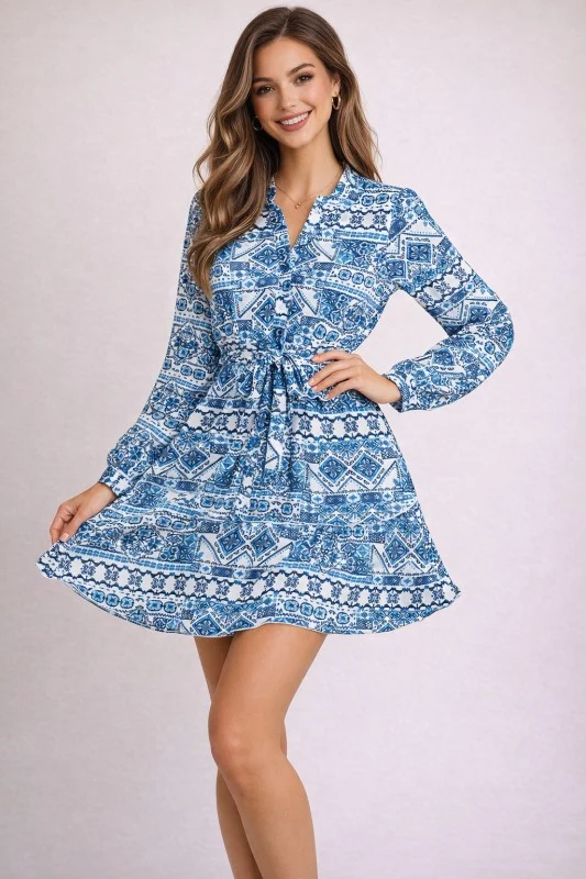 Printed v-neck belted ruffled dress