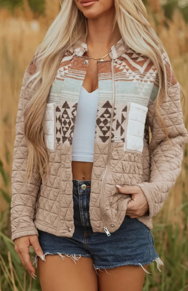 LoveSoft French Biege Aztec Quilted Patchwork Western Jacket