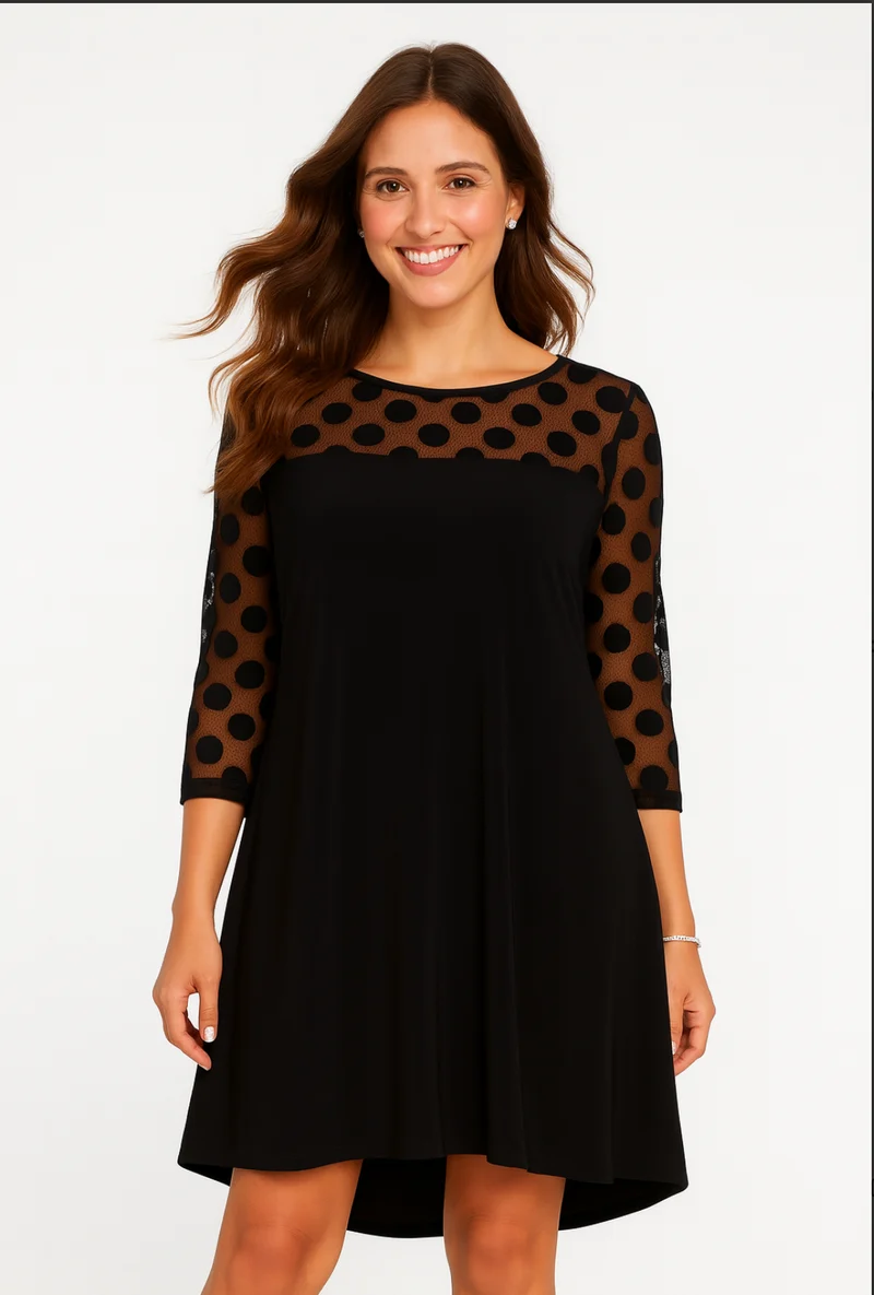 Nina Leonard Mesh Polka Dot Trapeze Dress