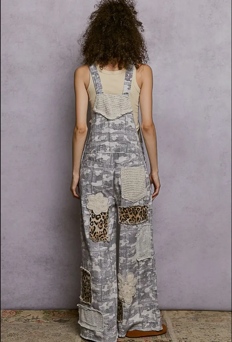 POL crochet Contrast Patch Detail Chest Pocket Woven Overalls