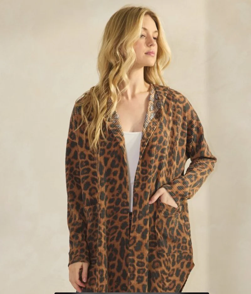 Heimish Long Sleeve AnimalUrban Rib Hoodie Open Cardigan with Side Pocket and Slit