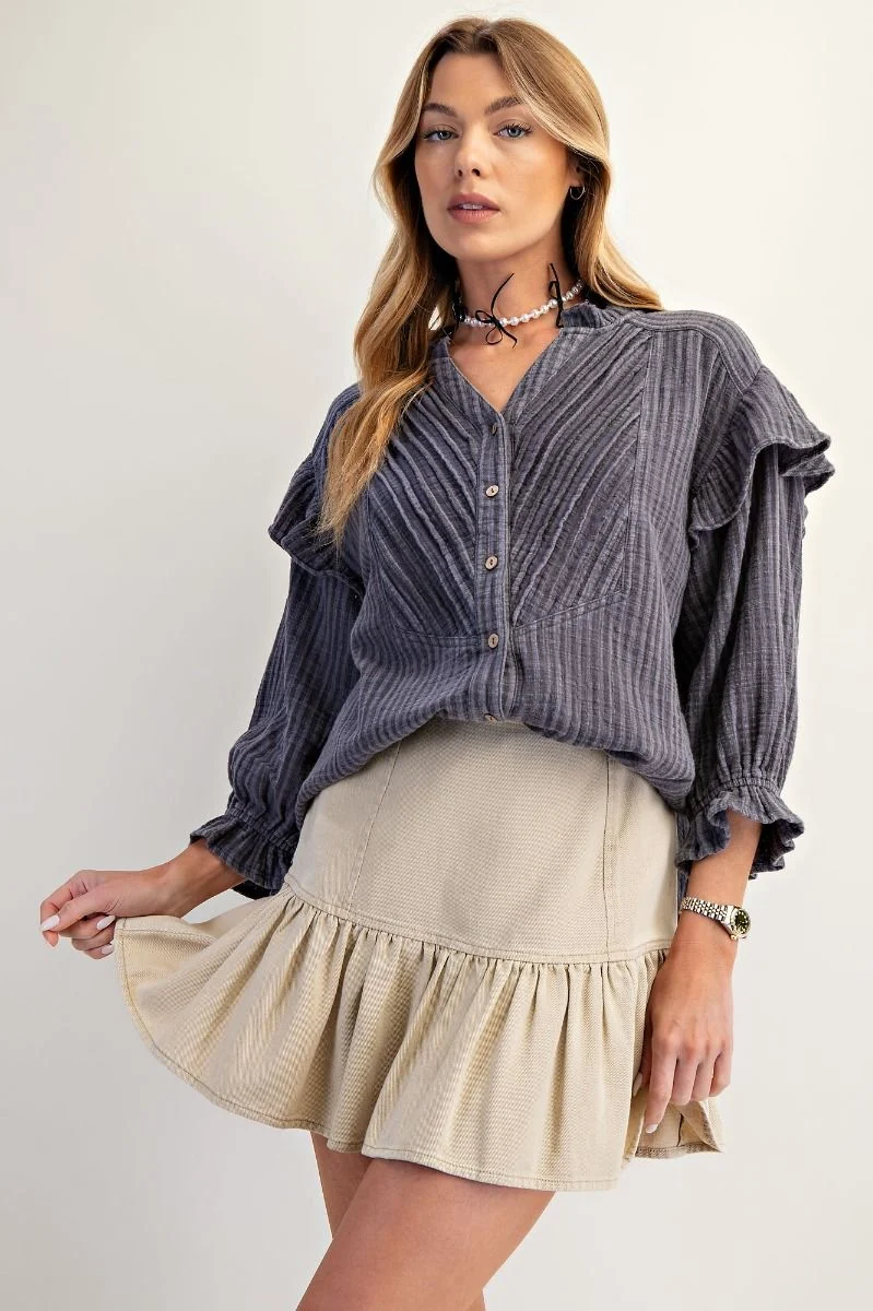Easel 3/4 Sleeve Stripe Cotton Gauze Button Down Blouse