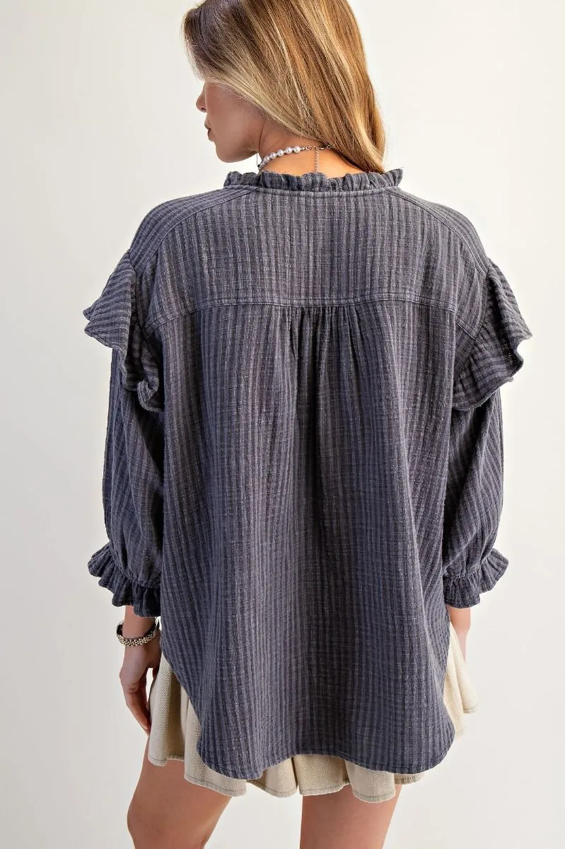 Easel 3/4 Sleeve Stripe Cotton Gauze Button Down Blouse