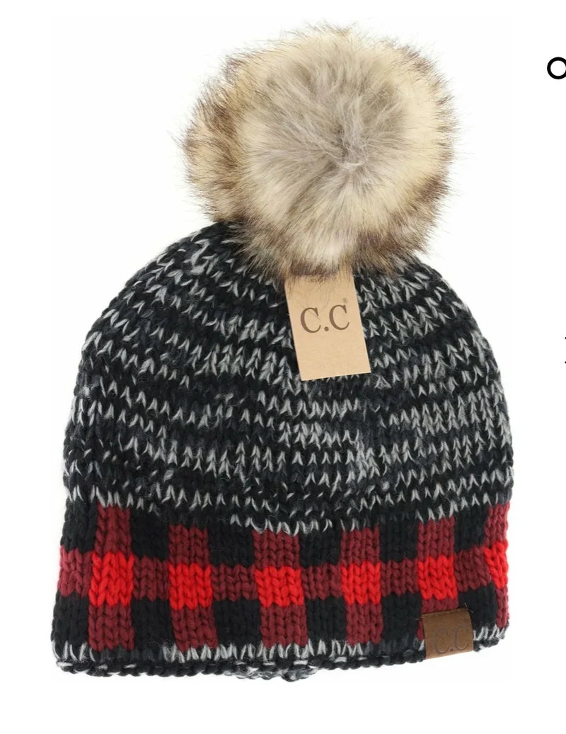 CC Beanie - Buffalo Check Fur Pom
