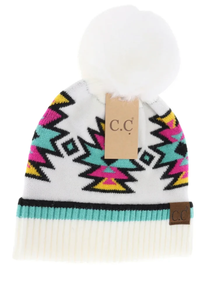 CC Beanie - Southwestern Faux Fur Pom