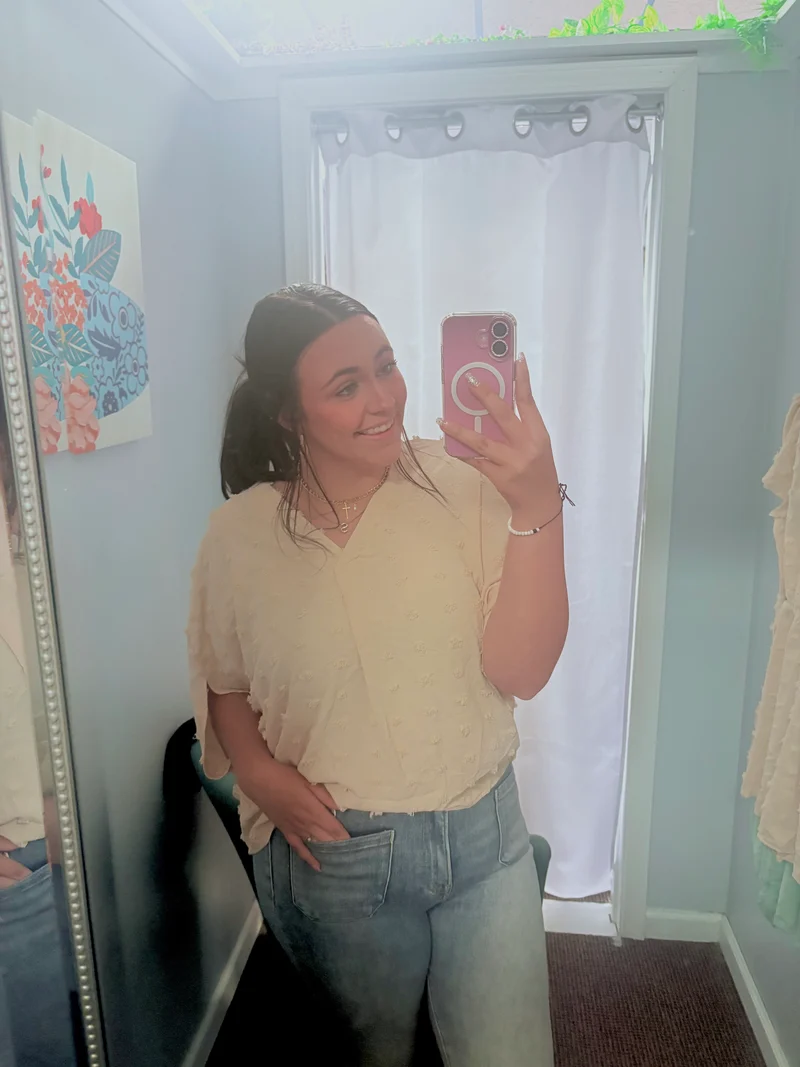 Pom Pom V Neck Tulip Dolman Blouse