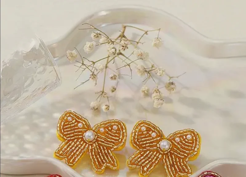 Seed Bead Bow Ribbon Beaded earrings