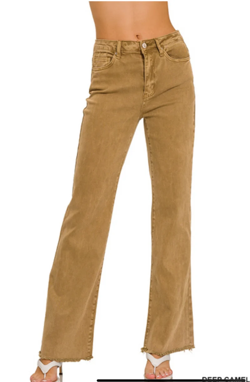 Zenana Acid Washed Frayed Cut Off Hem Straight Wide Pants