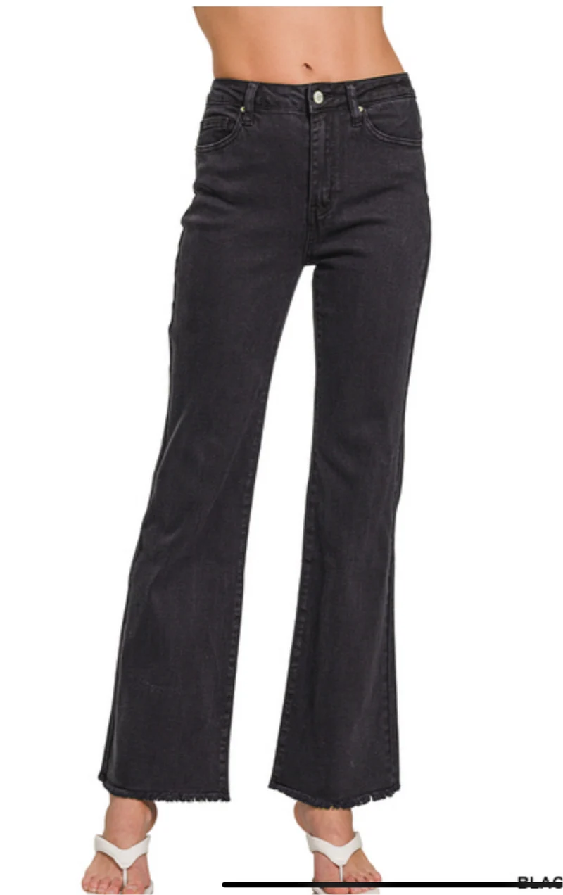 Zenana Acid Washed Frayed Cut Off Hem Straight Wide Pants