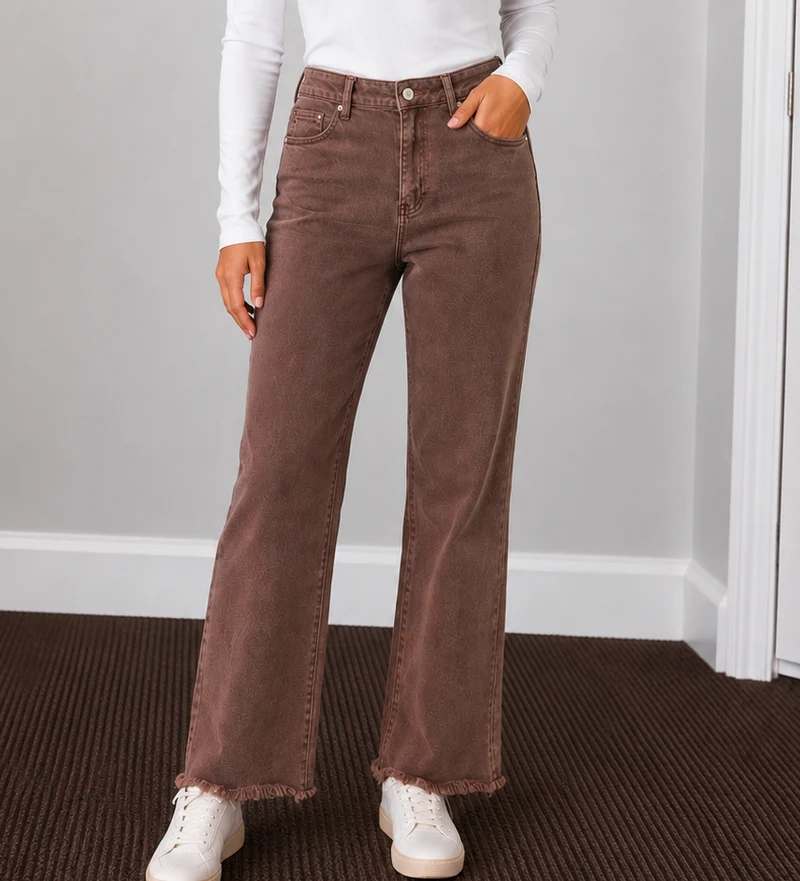 Zenana Acid Washed Frayed Cut Off Hem Straight Wide Pants