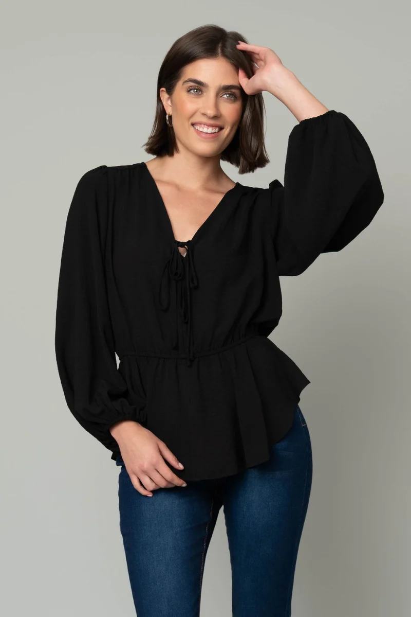 Pine Apparel Air Flow Tie Front Peplum Blouse