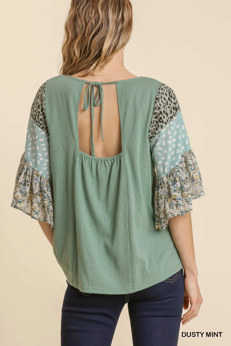 Umgee Mixed Print Ruffle Sleeve Raglan Top with Back Tie