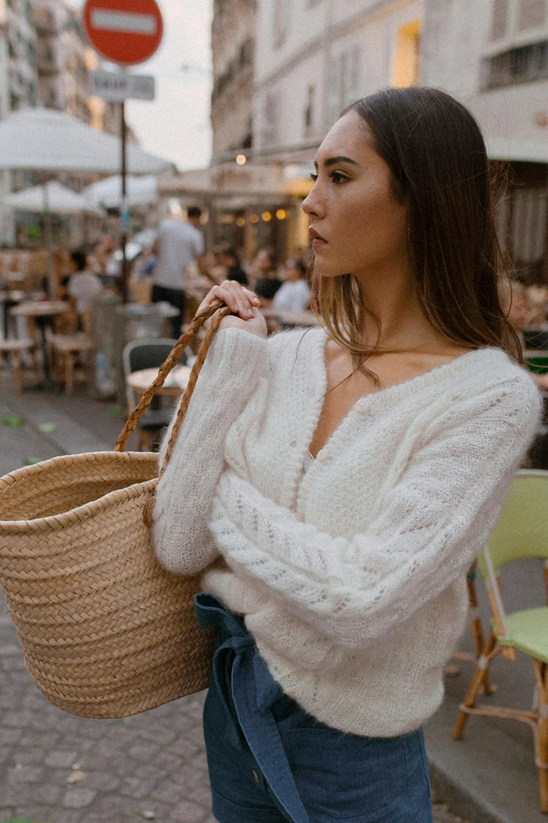 Gilet Aleksei - kid mohair soie - tricoté main - écru