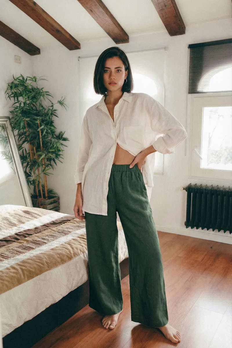 Smoke Pine Wide Leg Linen Pants - MINA