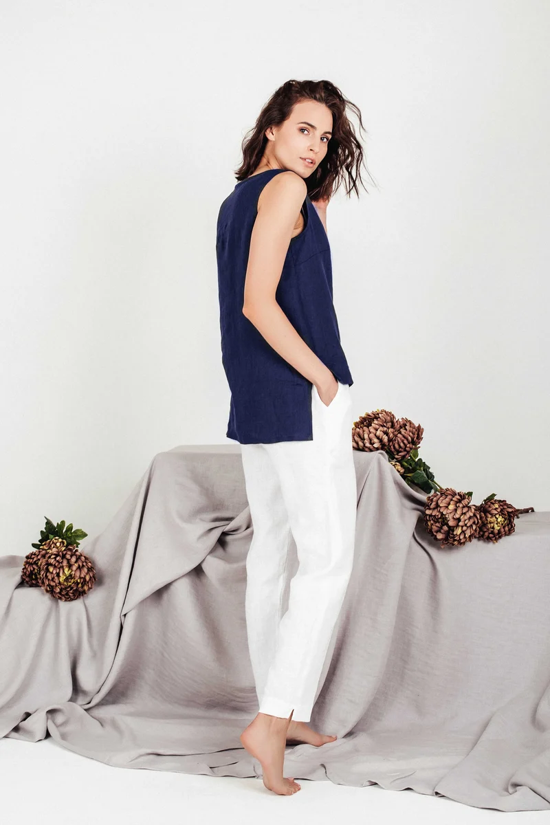 Women's Cropped Linen Top - Navy Blue Sleeveless Blouse - SOLTA